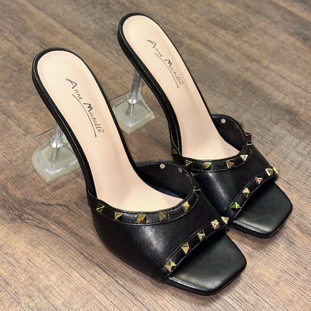 Anne Michelle Black and Gold Studded Heels